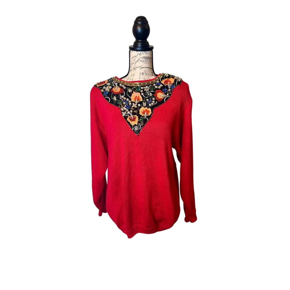 Vintage Beaded and Sequin Red Sweater Likely a size Medium